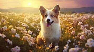 Charming corgi dog with flowers in the spring. Generative AI photo