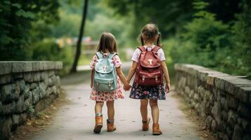 two young girl with backpack walking down a path holding hands AI Generative photo