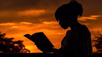 a silhouette of a person reading a book photo