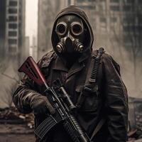 AI Generative a man in a gas mask holding a rifle with apocalypse vibes photo