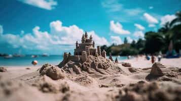 a sand castle beach with a blue sky and white clouds photo