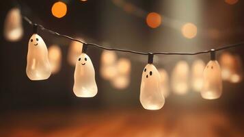 a string of halloween lights with ghost hanging from them photo