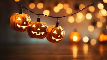 AI Generative a string of halloween lights with jack'o lanterns hanging from them photo