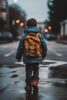 un pequeño niño en un chaqueta que lleva un mochila ai generativo foto