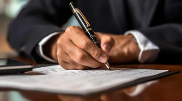 a business person writing on a piece of paper photo