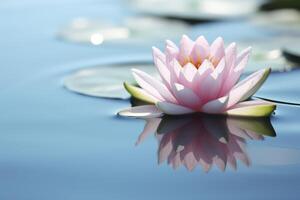 A floating lotus flower on the calm surface of a pond symbolizes the potential for transformation and spiritual growth through the practice of meditation and mindfulness. AI Generative photo