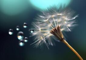 Beautiful dew drops on a dandelion seed macro. Beautiful blue background. Generative AI photo