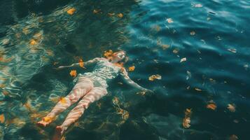 un persona tendido en el agua con su pies en el agua foto