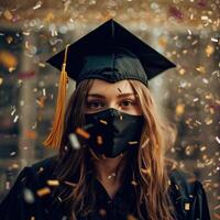 a woman with face mask wearing a graduation cap and gown with confetti AI Generative photo