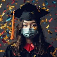 a woman with face mask wearing a graduation cap and gown with confetti AI Generative photo