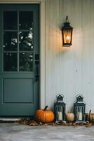 AI Generative a front porch with pumpkins and a lantern photo