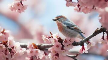 Birds sitting in a tree filled with cherry blossom flowers. Generative AI photo