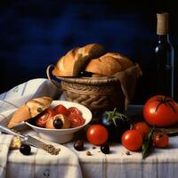a table shows bread and wine with tomatoes in the style of dark blue and light beige photo