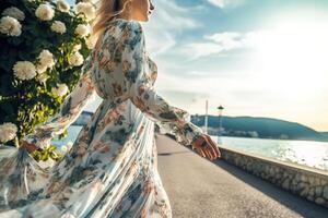 a woman on a white floral dress photo