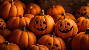 a group of pumpkins with faces carved into them photo