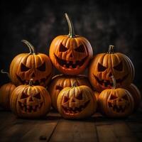 a group of pumpkins with faces carved into them photo