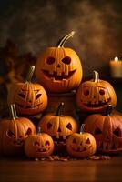 a group of pumpkins with faces carved into them photo
