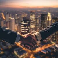 two men shaking hands over a cityscape photo