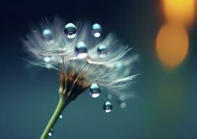 Beautiful dew drops on a dandelion seed macro. Beautiful blue background. Generative AI photo