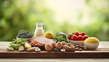 Closeup of vegetables, fruits, and meat on wooden table over green natural background. Generative AI photo