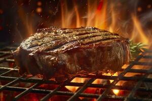 Beef steak on the grill with smoke and flames. AI Generative photo