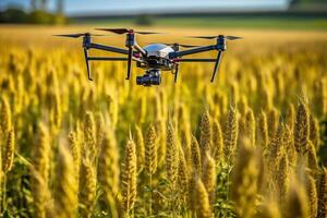 Drone monitoring crops and smart agriculture in a digital farming.  AI Generative photo