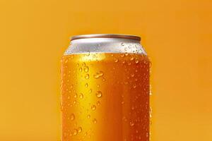 Can of fresh soda with water drops on orange background, closeup. Generative AI photo