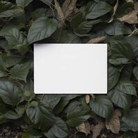 Blank business card on green leaves background. Generative AI photo