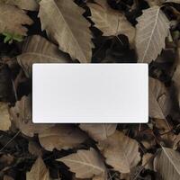 Blank business card on green leaves background. Generative AI photo