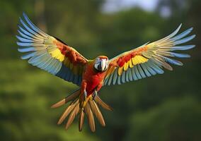 Flying macaw, beautiful bird. Generative AI photo