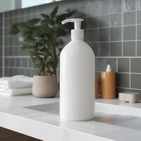 A white bottle of shampoo stands on the table in bathroom. AI Generative photo