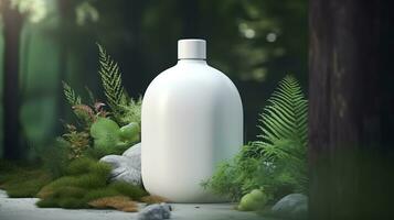 natural cosmético producto presentación entre bastidores. al aire libre bosque colocación. blanco blanco tarro champú botella. 3d. ai generativo foto