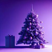 Christmas tree with gift box and ornaments in purple or violet composition for modern stage display and minimalist mockup. AI Generative photo