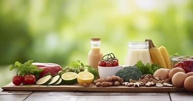 Closeup of vegetables, fruits, and meat on wooden table over green natural background. Generative AI photo