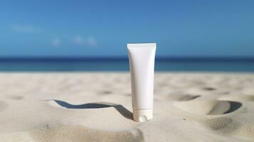 Blank empty white plastic tube. Sunscreen lotion on a sandy beach, summer composition with sunglasses, blue sea as background, copy space. Summer vacation and skin care concept, AI Generative photo