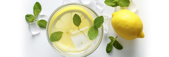 Lemonade in a glass with fresh lemons and mint. Cold summer drink with copy space. Generative AI photo