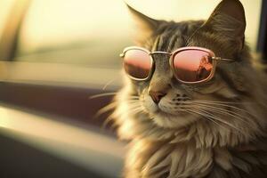capturar un soñador reflexión por fotografiando un gato vistiendo Gafas de sol con un Clásico leica m6, destacando el textura y contraste de un antiguo Temporizador coche. ai generativo foto
