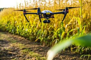 Drone monitoring crops and smart agriculture in a digital farming.  AI Generative photo