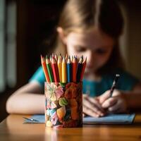 AI Generative a child is drawing with colored crayons in a pencil holder photo