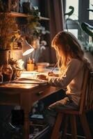 un joven niña haciendo deberes a escritorio ai generativo foto