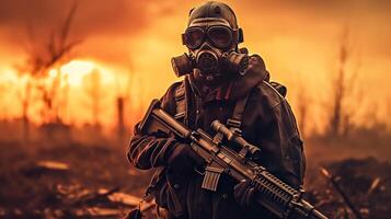 a man in a gas mask holding a rifle with apocalypse vibes photo