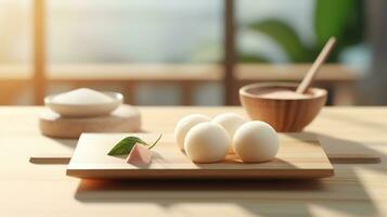 AI Generative a Mochi and Dango with wooden plate photo