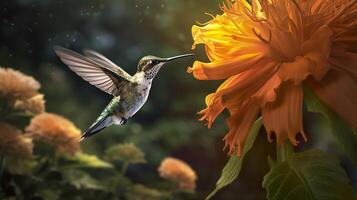 Hummingbird flying to pick up nectar from a beautiful flower. Digital artwork. AI Generative photo