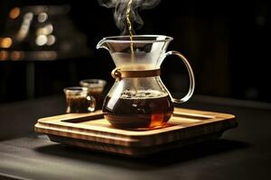 An alternative coffee brewing method is pure over, a glass teapot on a wooden tray. Generative AI photo