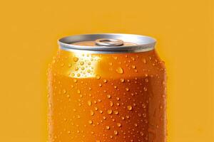 Can of fresh soda with water drops on orange background, closeup. Generative AI photo