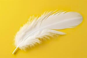 Close up of bright white feather. Copy space, yellow background. Fashion and Party concept. photo