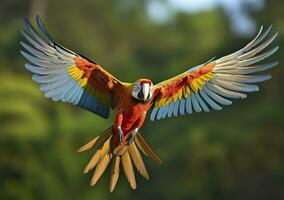 Flying macaw, beautiful bird. Generative AI photo