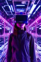 A young Asian woman is using a virtual reality headset. Neon light studio portrait. Concept of virtual reality, simulation, gaming, and future technology.  AI Generative photo