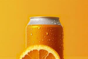 Can of fresh soda with water drops on orange background, closeup. Generative AI photo