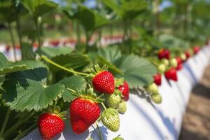 Bush of ripe organic strawberries in the garden. Berry closeup. Generative AI photo